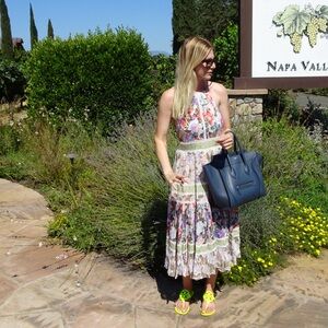 Rebecca Taylor Floral Halter Midi Dress with Lace Insets